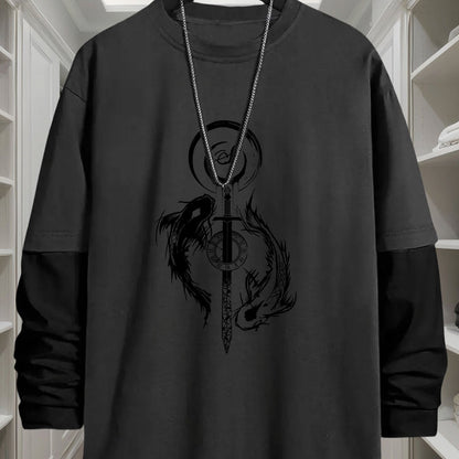 Unisex Langarm-T-Shirt mit Schwert- & Drachen-Print, Mehrfarbig