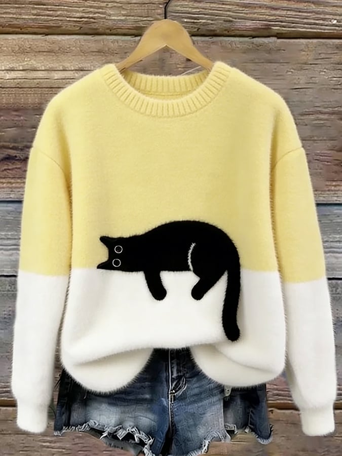 Oversized trui voor dames met colorblock-design en kattenmotief