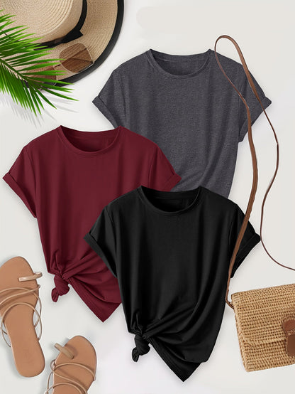 T-shirt basic da donna confezione da 3 – Maglietta casual alla moda con dettaglio nodo e maniche risvoltate
