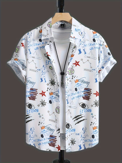 Herrens kortärmade fritidsskjorta med graffiti-tryck – urban streetwear-stil
