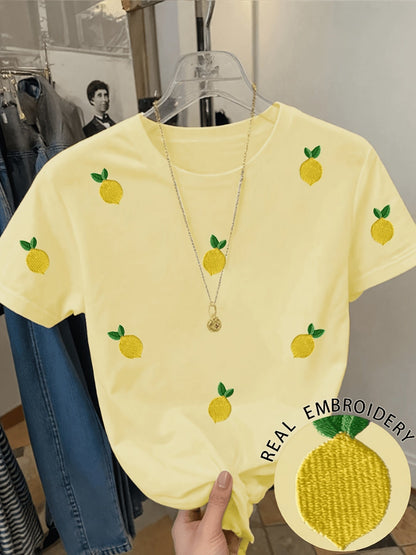 T-shirt femme avec broderie de citrons et imprimé moderne – Style décontracté, idéal pour le quotidien