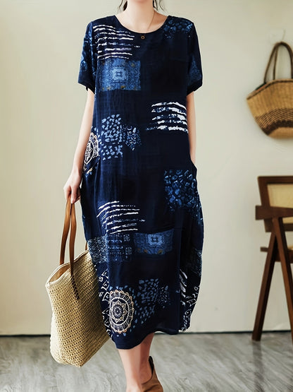 Damska sukienka casual z geometrycznym i botanicznym wzorem, oversize, z krótkim rękawem, swobodna