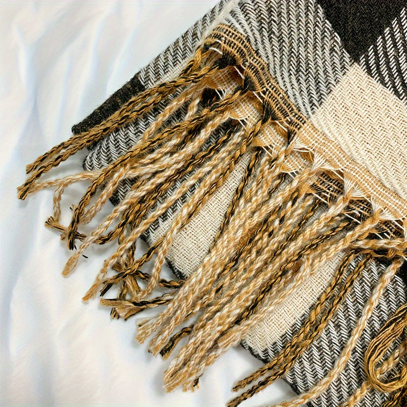 Karierte Damen-Schal mit Herzmuster und Fransen, weiches Material