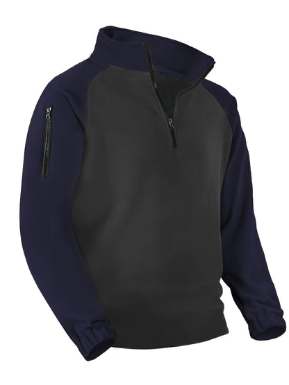 Pullover in pile da uomo, maniche raglan, chiusura a un quarto con zip, grigio scuro e marrone