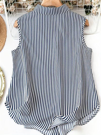 Blusa sin mangas para mujer con estampado de rayas y bolsillos en el pecho – Look veraniego elegante para oficina y tiempo libre
