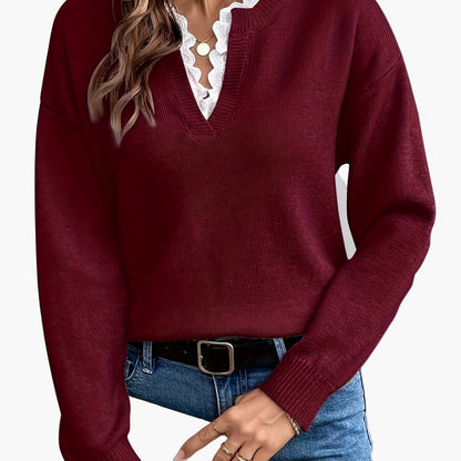 Dames elegante trui met V-hals en ruches kraag – Perfect voor dagelijks gebruik & kantoor