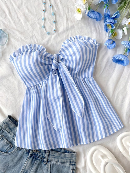 Damen Bandeau Top mit Schleifen-Detail und Streifen – Modisches Sommer Oberteil für Freizeit und Urlaub
