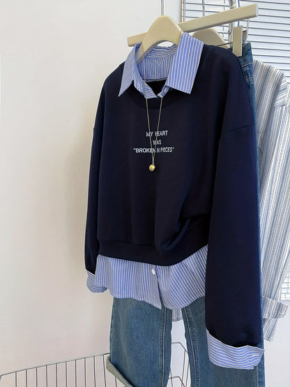 Damen Sweatshirt mit Hemdkragen-Optik & Schriftzug, Zweiteilig Marineblau Gestreift