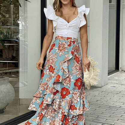 Dame maxiskjørt med blomsterprint og volanger – elegant sommerskjørt for hagefester og fritid
