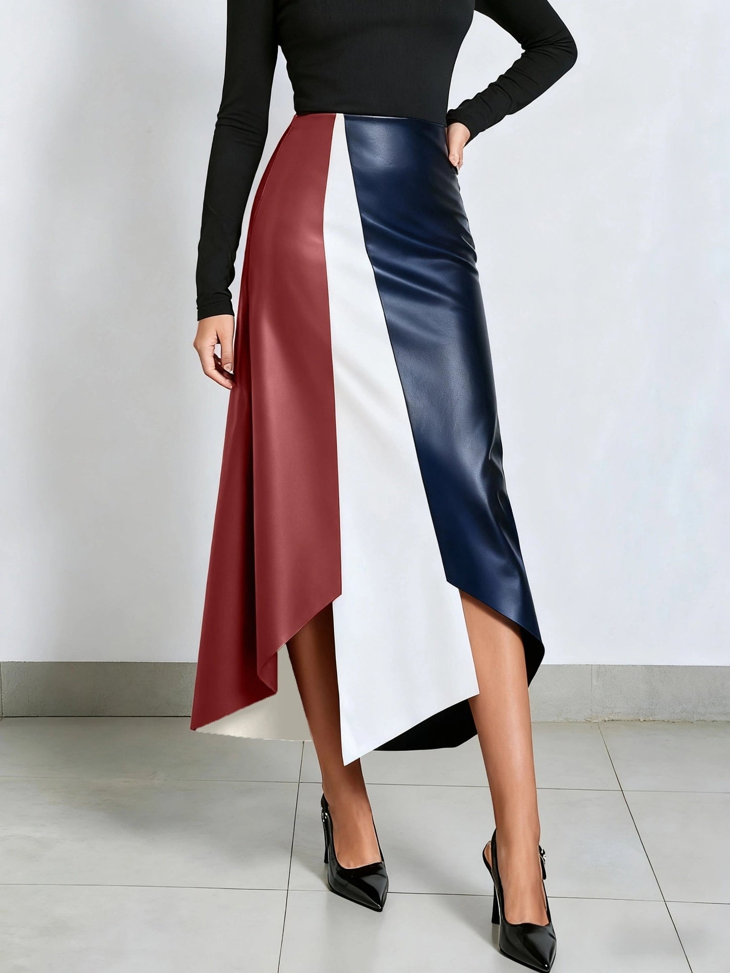 Gonna da donna color block con orlo asimmetrico in materiale similpelle