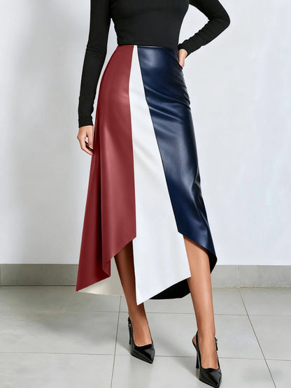 Gonna da donna color block con orlo asimmetrico in materiale similpelle