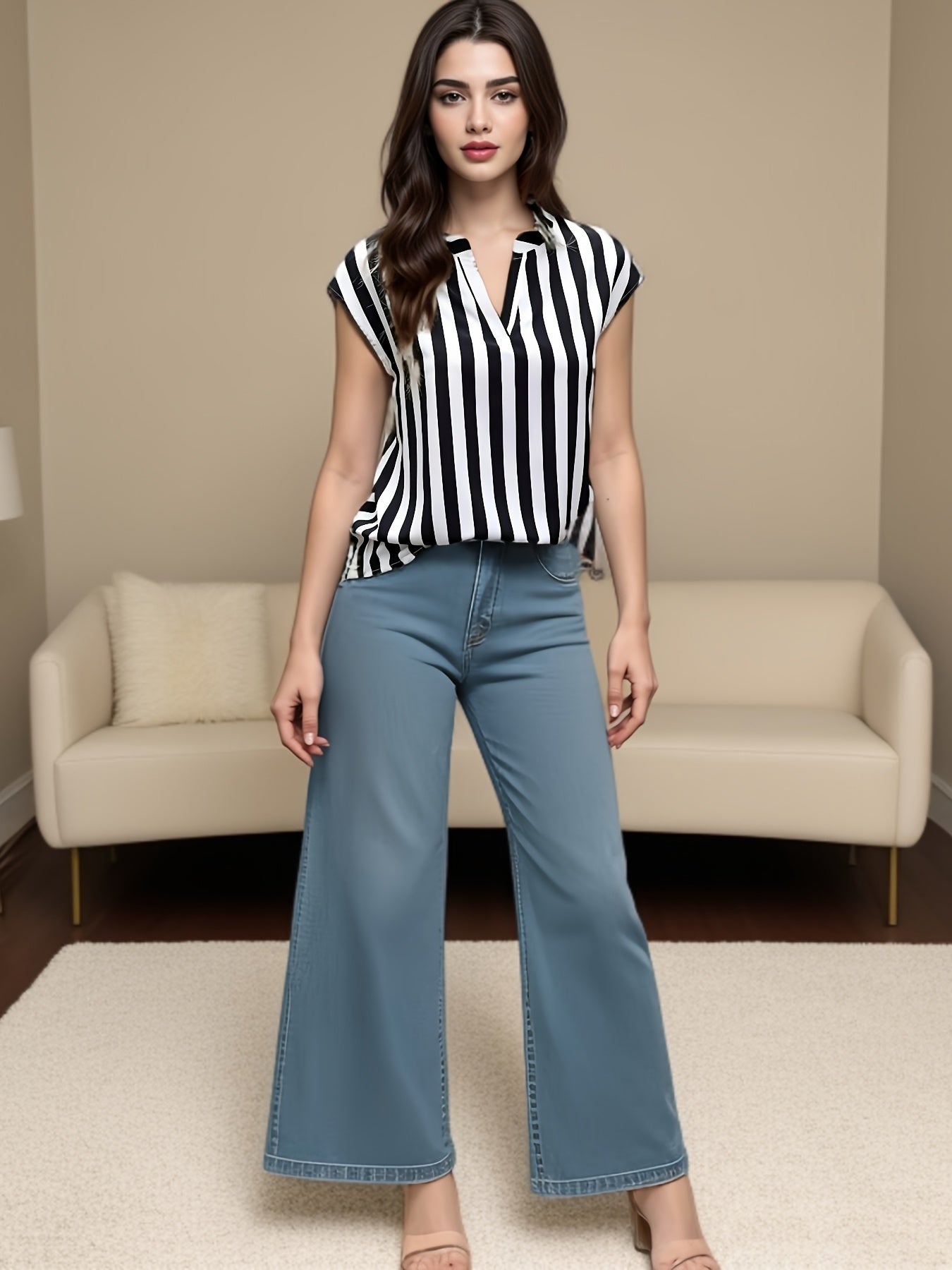 Blusa de mujer con rayas en blanco y negro y pierna ancha para looks casuales con estilo
