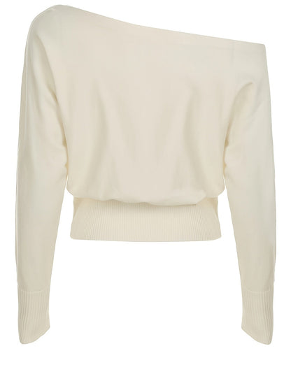 Damen Strickpullover Off-Shoulder Weiß Langarm Rippstrickbund