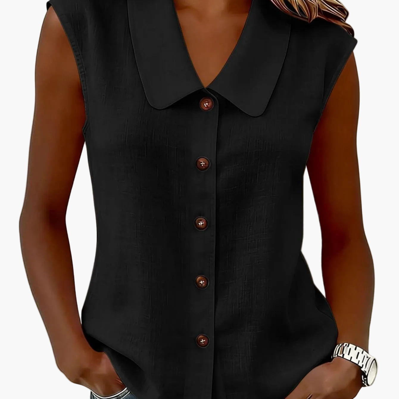 Blouse sans manches pour femme avec patte de boutonnage et grand col – Style décontracté élégant pour le quotidien et le bureau