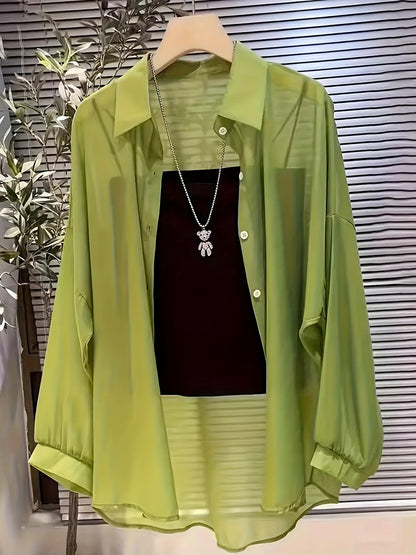 Damen Zweiteiliges Set – Transparentes Oversize-Hemd mit Bandeau Top, Modernes Layering-Outfit