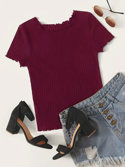 Damen Basic Kurzarm Shirt mit Rippstruktur und Wellensaum – Stilvolles Alltagsoberteil