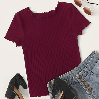 Damen Basic Kurzarm Shirt mit Rippstruktur und Wellensaum – Stilvolles Alltagsoberteil