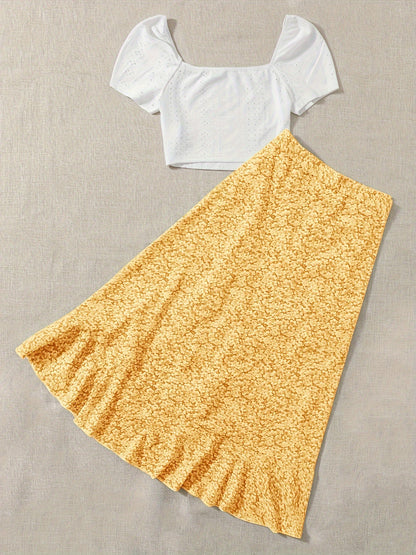 Conjunto de dos piezas para mujer – Look veraniego y coqueto con blusa y falda cruzada con estampado floral, ideal para tiempo libre y vacaciones