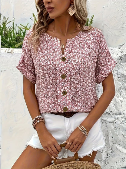 Top donna a maniche corte con abbottonatura e motivo floreale – Look estivo elegante per tutti i giorni e il tempo libero