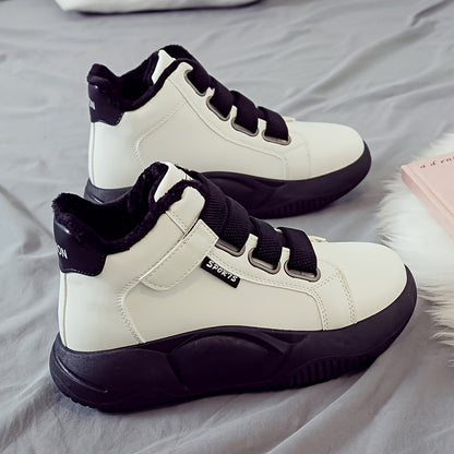 Dames wintersneakers, enkelhoog, warm gevoerd, plateauzool, klittenbandsluiting, zwart, wit, beige