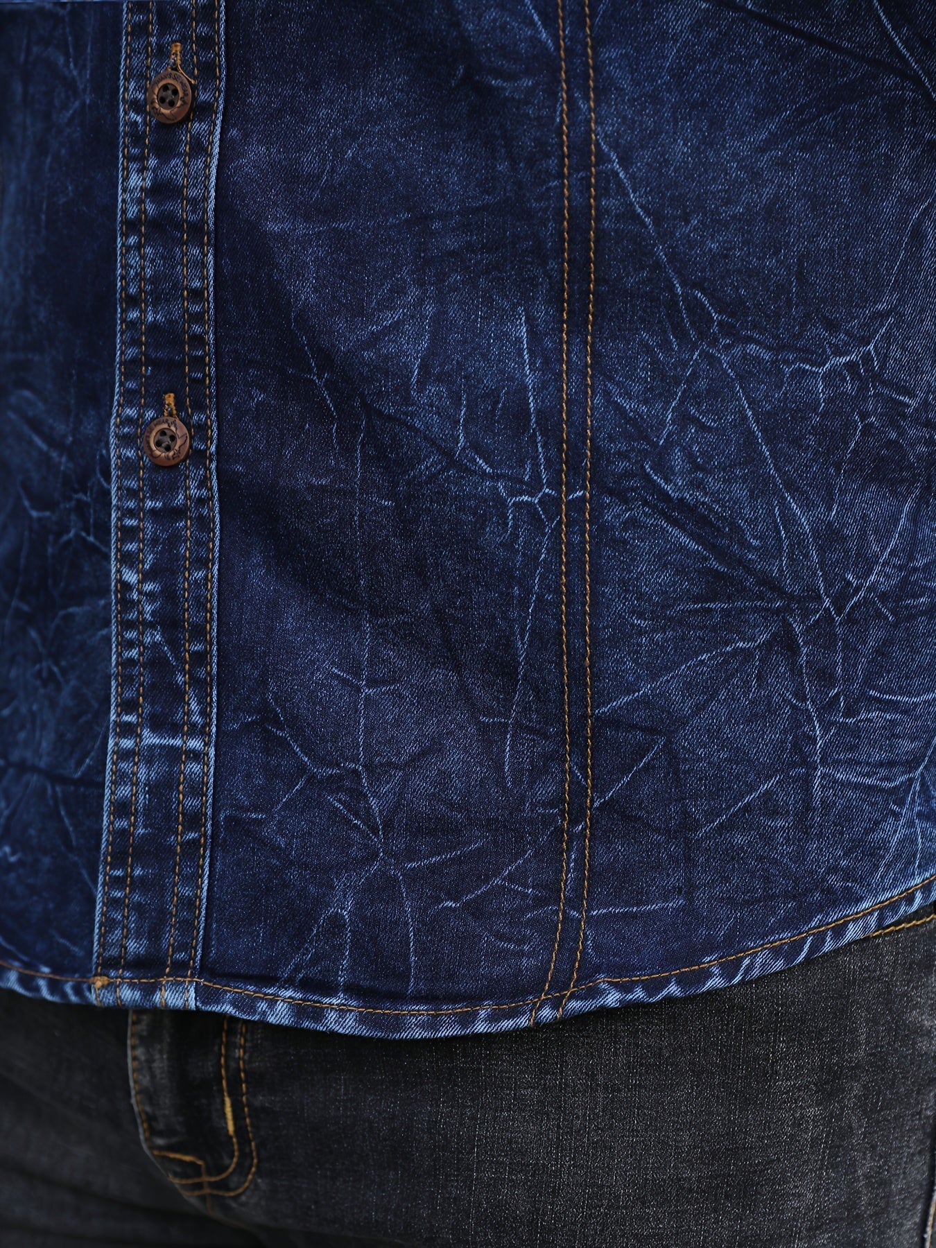 Herenoverhemd met lange mouwen, blauw, used-look, met borstzakken