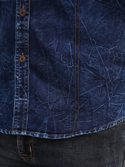 Herenoverhemd met lange mouwen, blauw, used-look, met borstzakken