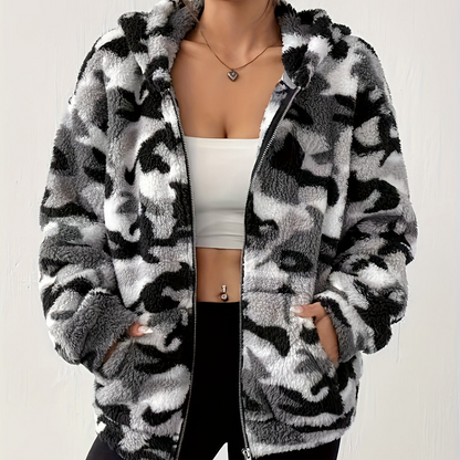 Teddy-Fleece Jacke mit Kapuze und Reißverschluss, Tarnmuster für Damen
