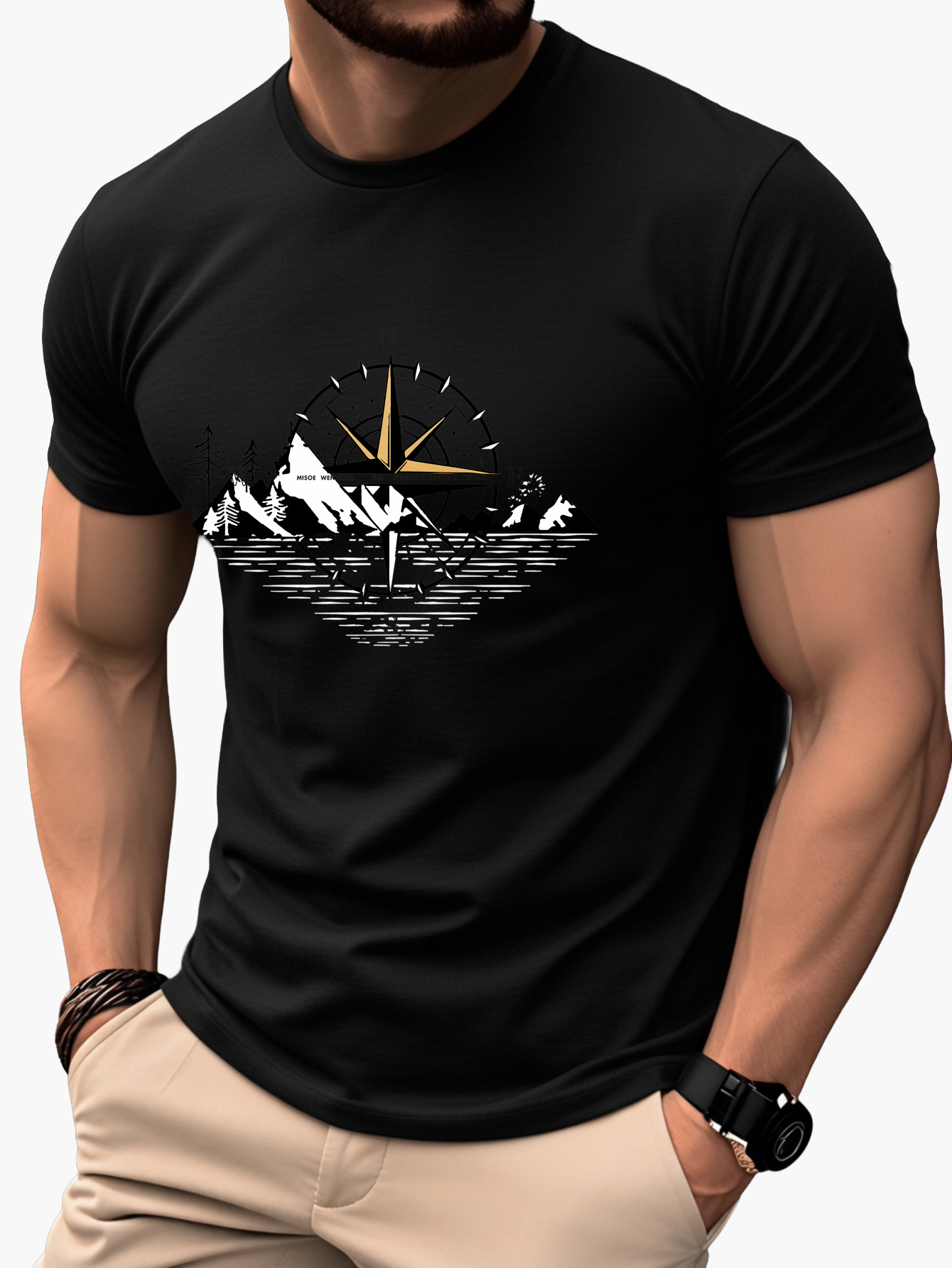 Herre T-shirt med kompas- og bjergmotiv – Outdoor eventyrstil, kortærmet, fritid