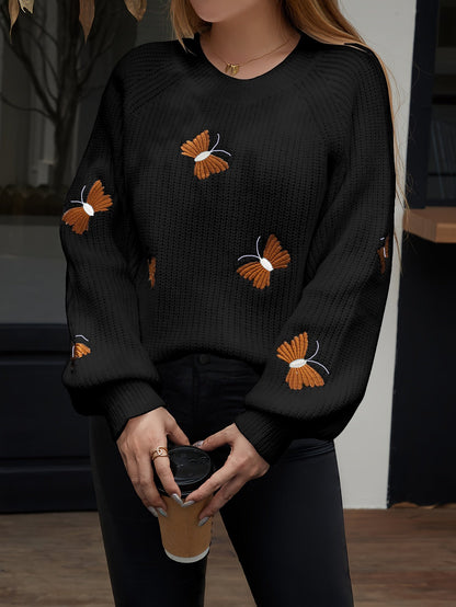Maglione da donna con ricamo a farfalla, girocollo, maniche lunghe, lavorato a maglia, bianco o nero
