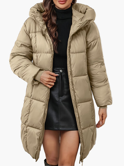 Damen Winter Steppmantel mit Kapuze – Modischer langer Wintermantel für Alltag und Freizeit