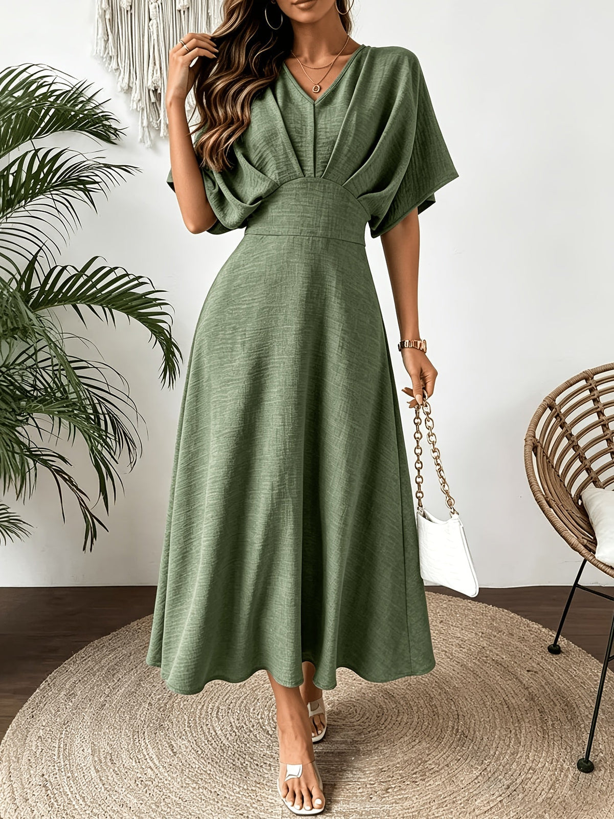Midi-jurk voor dames met V-hals