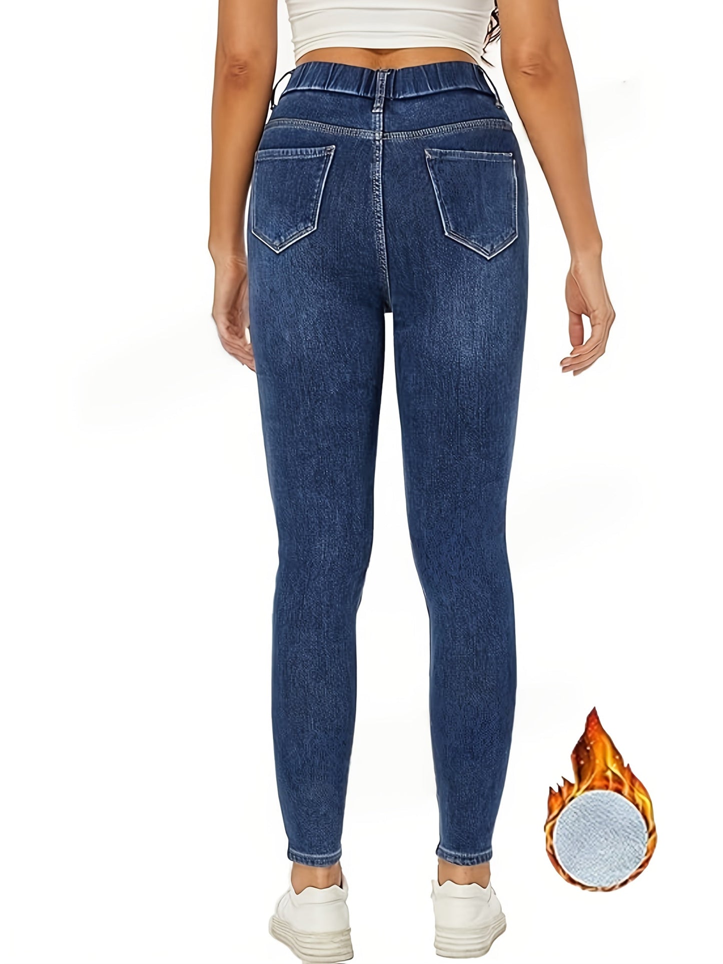 Leggings jeans da donna foderati blu con effetto pile teddy