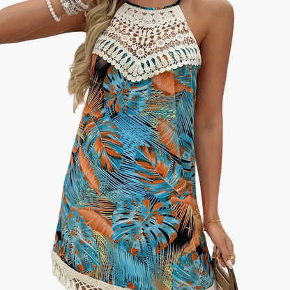 Damen Sommer Tunika Kleid im Boho-Stil mit Paisley-Print und Häkel-Details – Ideal für Strand und Freizeit