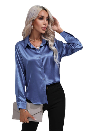 Damen Satinbluse im Cardigan-Stil – Elegante Bluse für Büro, Alltag & Feste