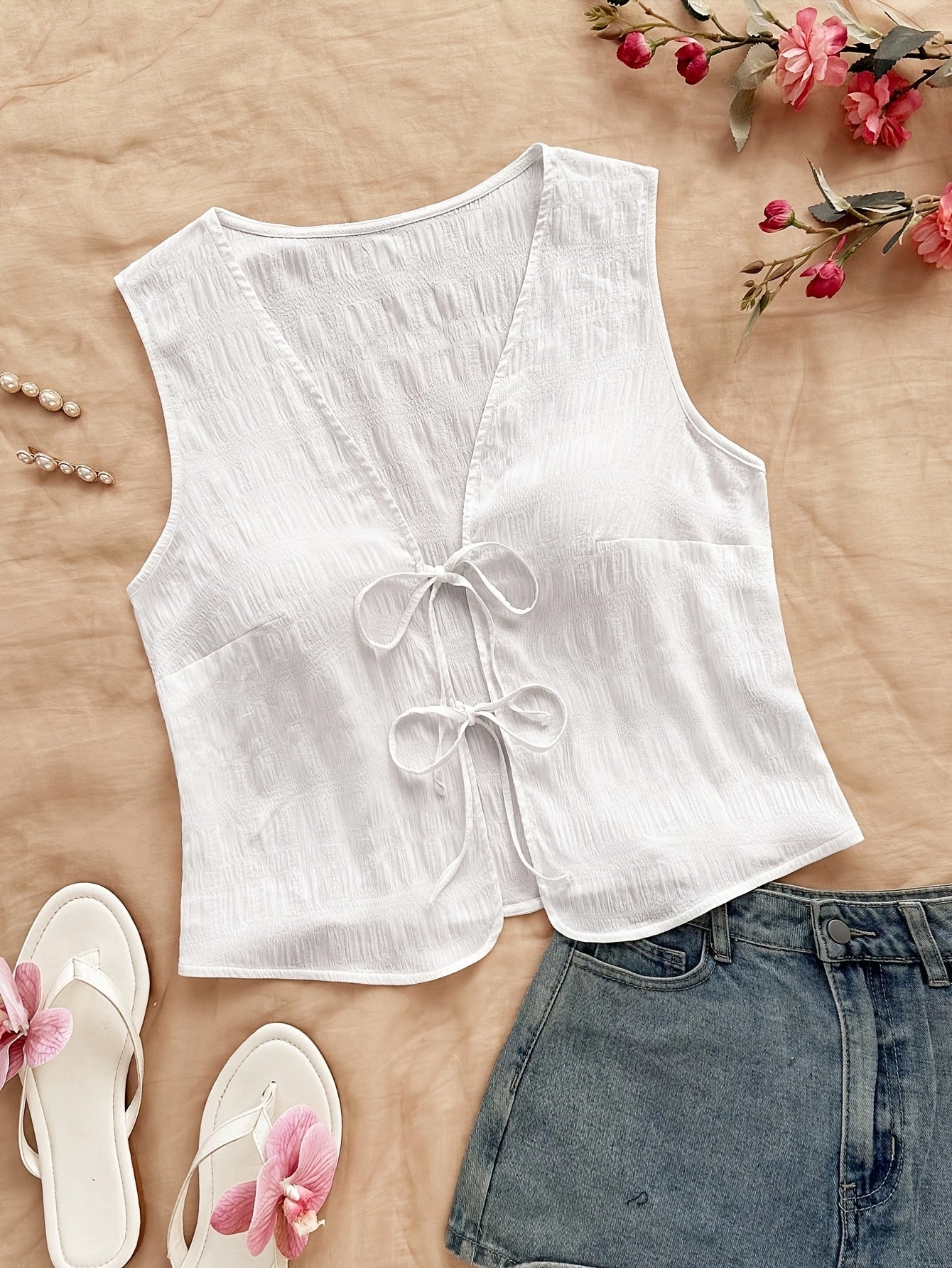 Dame ermeløs boho-vest med knytebånd og krinkeleffekt – Perfekt for fritid, strand og festivaler