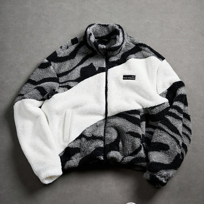 Chaqueta unisex de forro polar de peluche con estampado de cebra y cuello alto