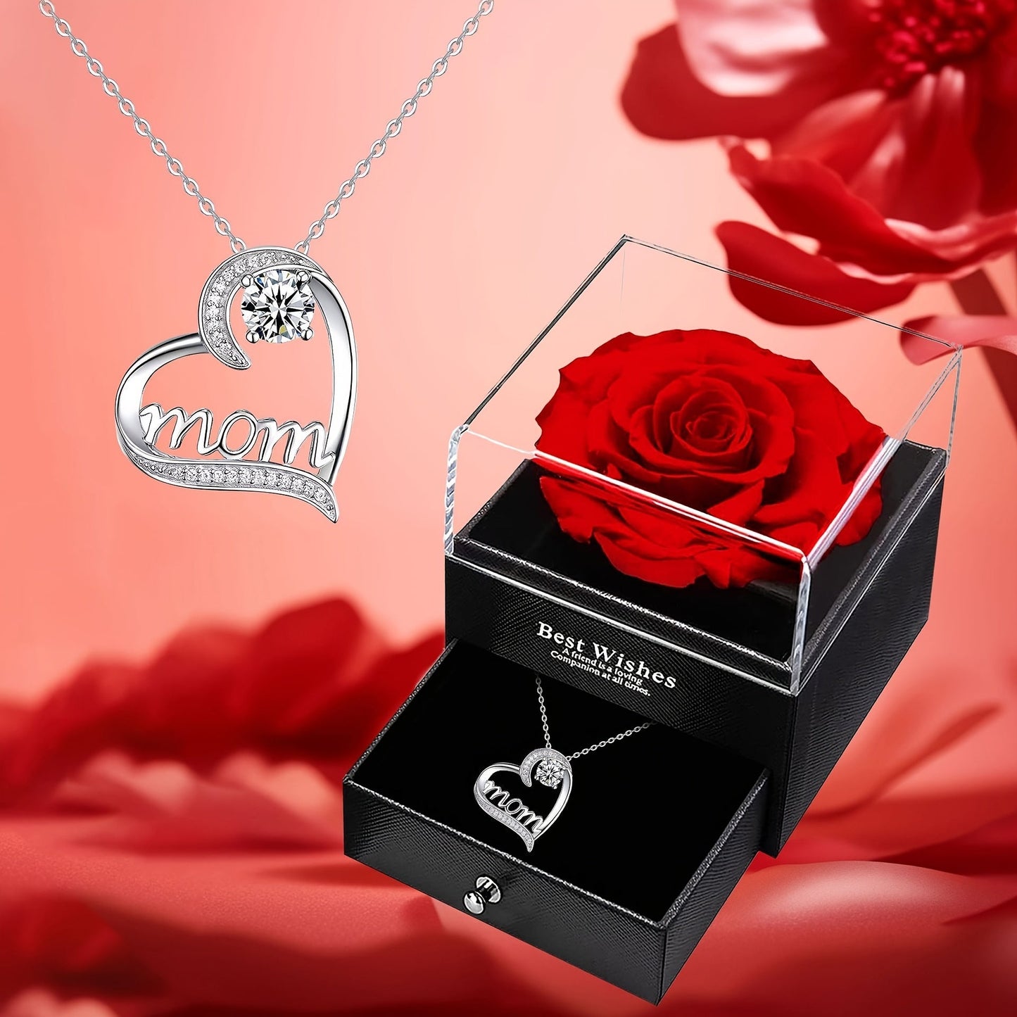 Dames harthanger ketting met "Mom" gravure en eeuwige roos – elegant geschenkset voor Moederdag & bijzondere gelegenheden