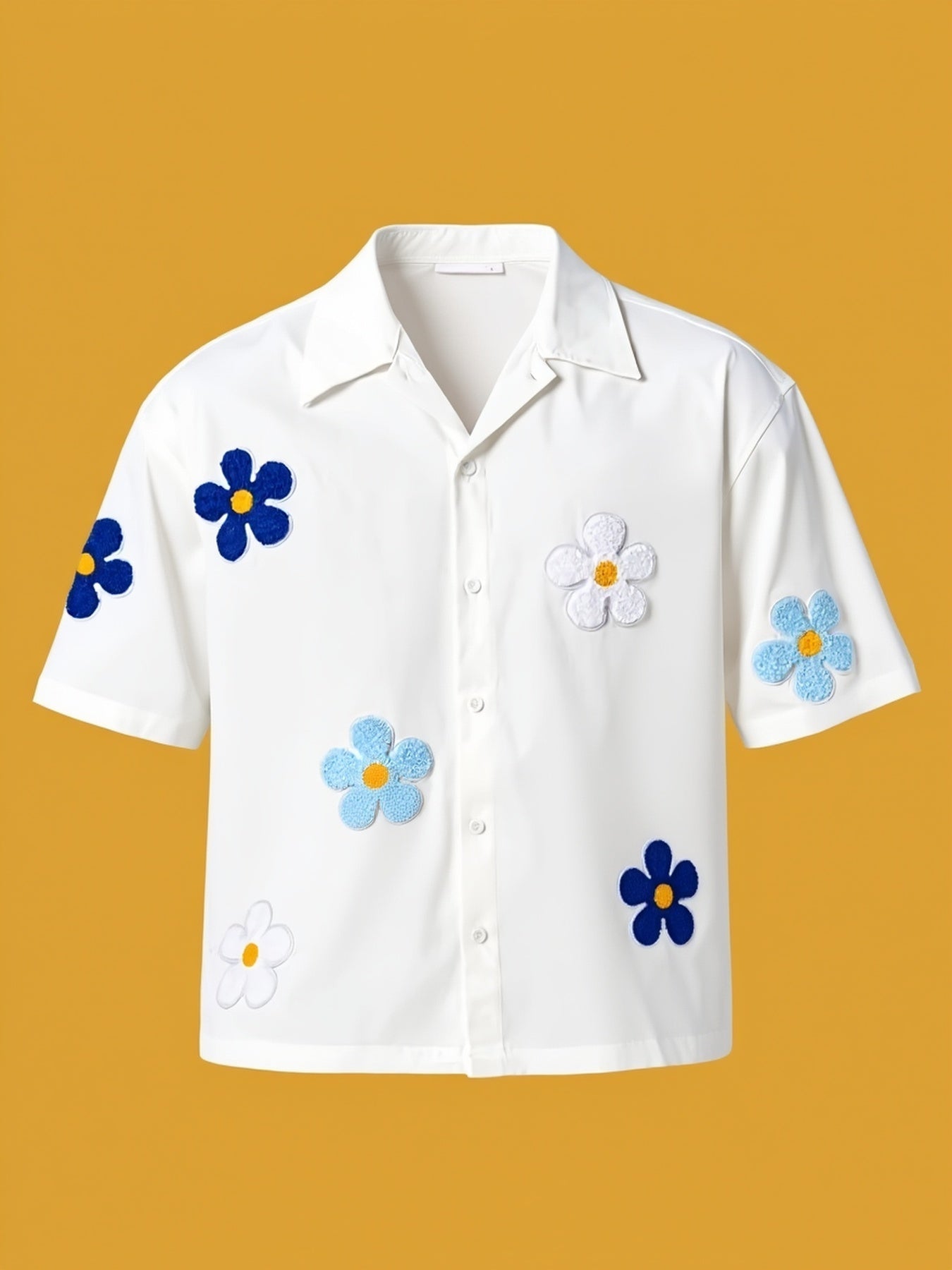 Herre kortermet fritidsskjorte med blomsterapplikasjoner – Moderne camp-krage design for hverdag og sommer