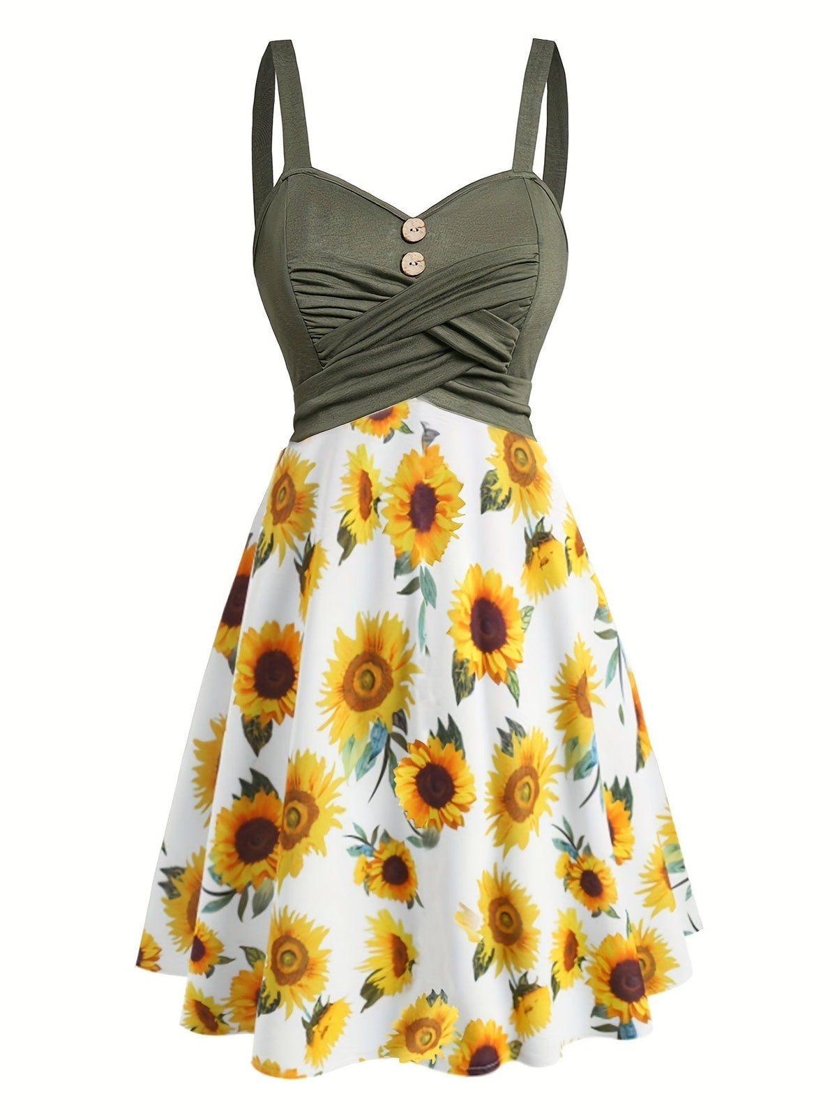 Damen Vintage Sommerkleid mit Sonnenblumenmuster und Knopfleiste – Elegantes Freizeitkleid für Frühling und Sommer