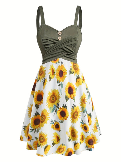 Damen Vintage Sommerkleid mit Sonnenblumenmuster und Knopfleiste – Elegantes Freizeitkleid für Frühling und Sommer