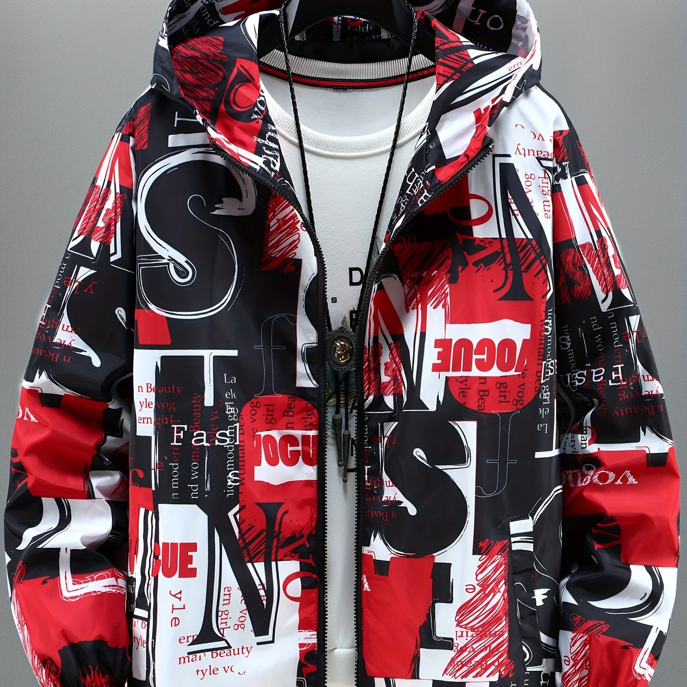 Giacca con cappuccio unisex con stampa testuale, giacca a vento casual con cerniera, rosso nero bianco
