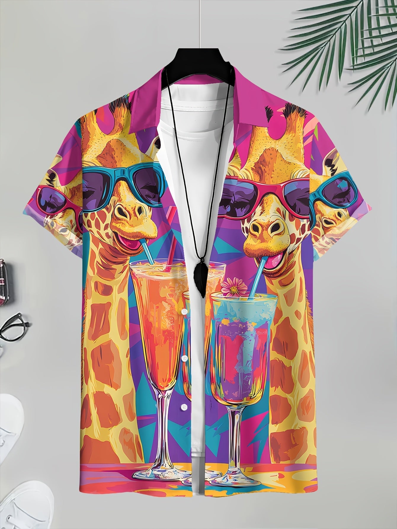 Herre sommer fritidsskjorte med girafprint og cocktailmotiv – kortærmet festskjorte