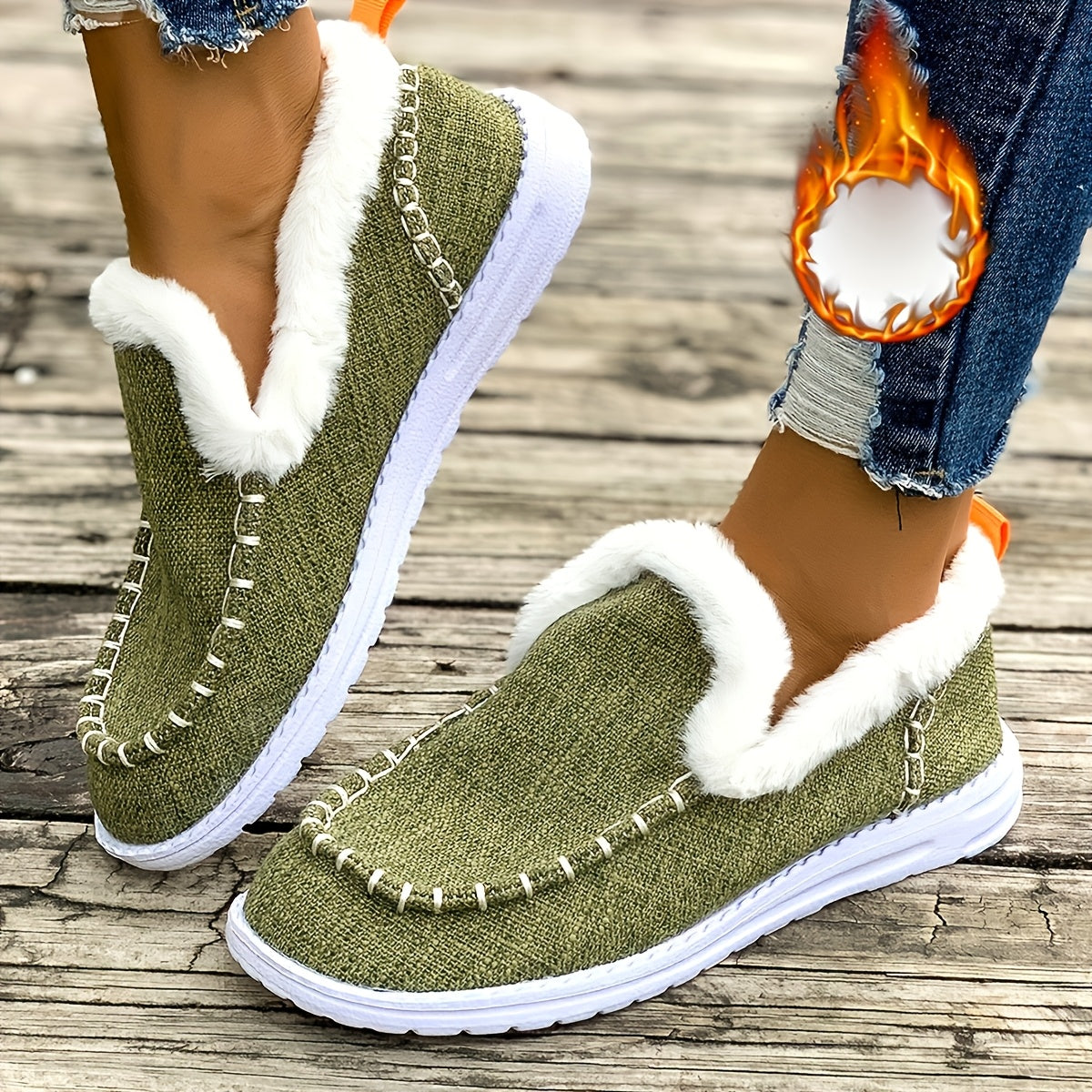Damen gefütterte Mokassins Grün mit weißem Plüschrand Loafer