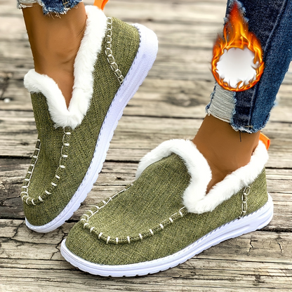 Damen gefütterte Mokassins Grün mit weißem Plüschrand Loafer