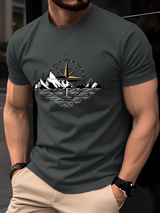 Camiseta para hombre con motivo de brújula y montaña – Estilo aventura al aire libre, manga corta, casual