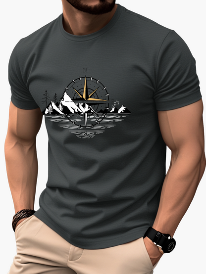 Herre T-shirt med kompas- og bjergmotiv – Outdoor eventyrstil, kortærmet, fritid