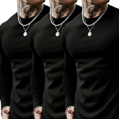 Langærmet herre-T-shirt, 3-pak, rund hals, slim fit, basic, sort, grå, hvid