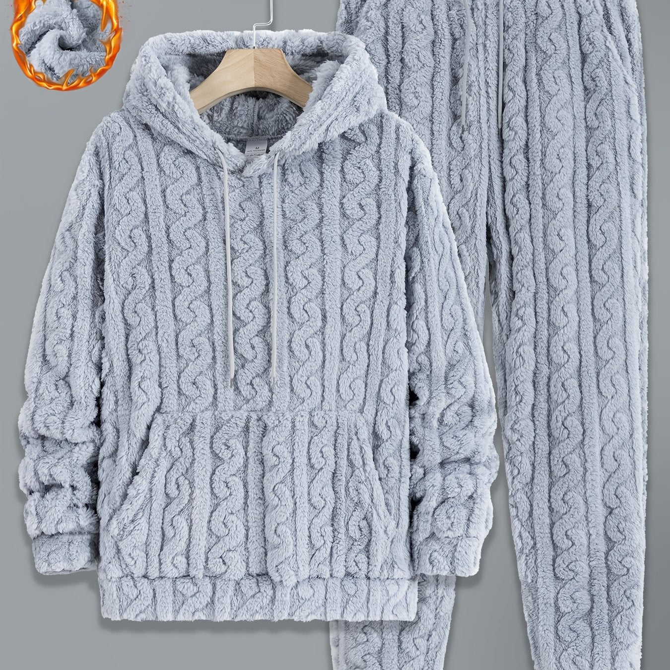 Herren Plüsch Loungewear Set mit Kapuzenpullover und Hose, Zopfmuster, Schwarz