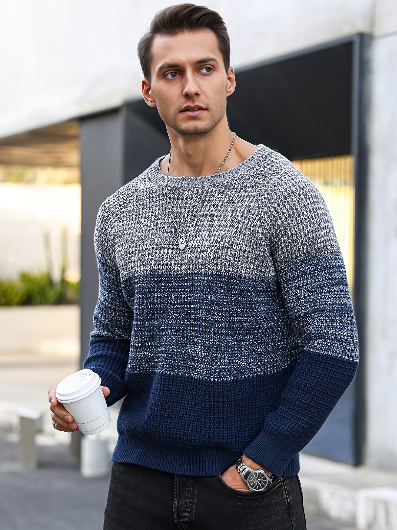 Herren Strickpullover Rundhals Mehrfarbig Gestreift Strukturstrick