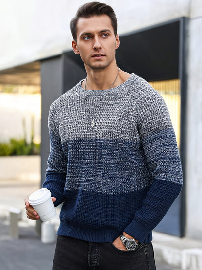 Herren Strickpullover Rundhals Mehrfarbig Gestreift Strukturstrick